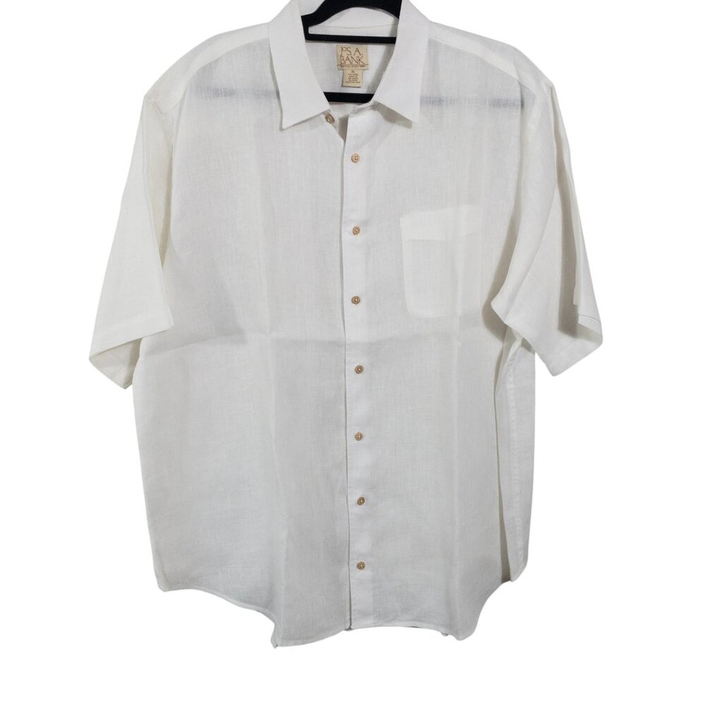 Jos A Bank White Linen Short Sleeve Button Down SZ XL Lightweight Wooden Button